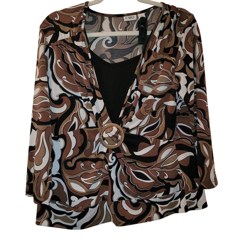 Vintage Y2K Abstract Floral Brown Top Blouse Buckle Front Detail Size L Cato